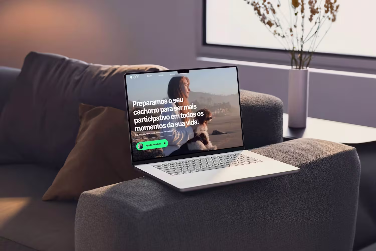 Laptop on a gray sofa armrest displaying a webpage with a woman holding a dog by the beach and Portuguese text about preparing your dog to be more involved in life moments.